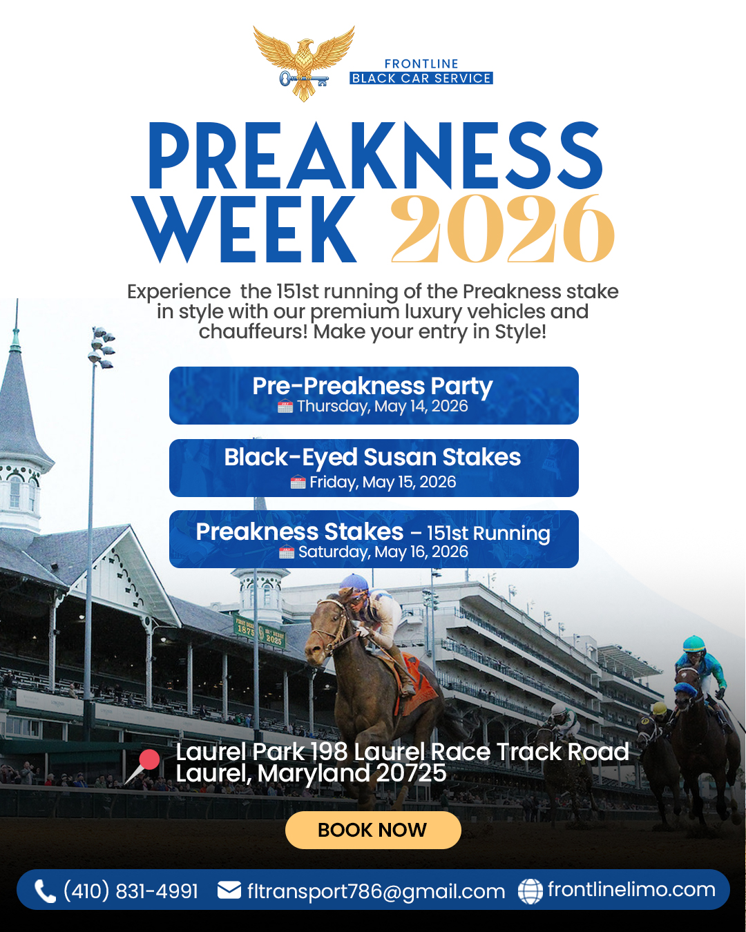 Luxury transportation service for Preakness Stakes in Laurel Maryland